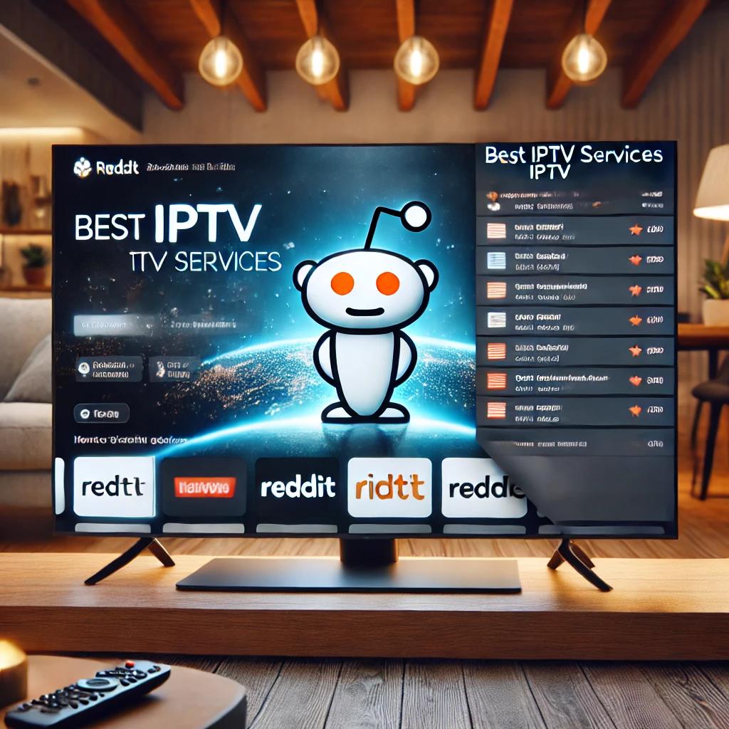 A smart TV screen displaying an IPTV streaming interface with a Reddit discussion overlay. The screen highlights 'Best IPTV Services' with a comparison chart of providers. The background features a cozy living room setup with modern lighting, emphasizing a high-quality streaming experience and online user recommendations.