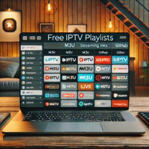 A modern digital screen displaying an IPTV playlist interface with a list of live TV channels from M3U and GitHub sources. The screen highlights 'Free IPTV Playlists' and 'M3U Streaming Links' with an organized, user-friendly layout. A laptop and a smartphone are visible, both running IPTV players. The background features a cozy desk setup with ambient lighting, emphasizing a seamless IPTV streaming experience.