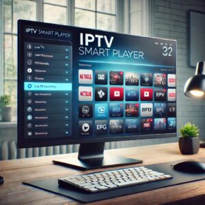 A modern computer screen displaying an IPTV Smart Player interface on a Windows 11 desktop. The screen showcases a clean and user-friendly layout with live TV channels, an electronic program guide (EPG), and on-demand streaming options. The background features a professional desk setup with a keyboard, mouse, and ambient lighting, emphasizing a premium IPTV streaming experience on Windows.