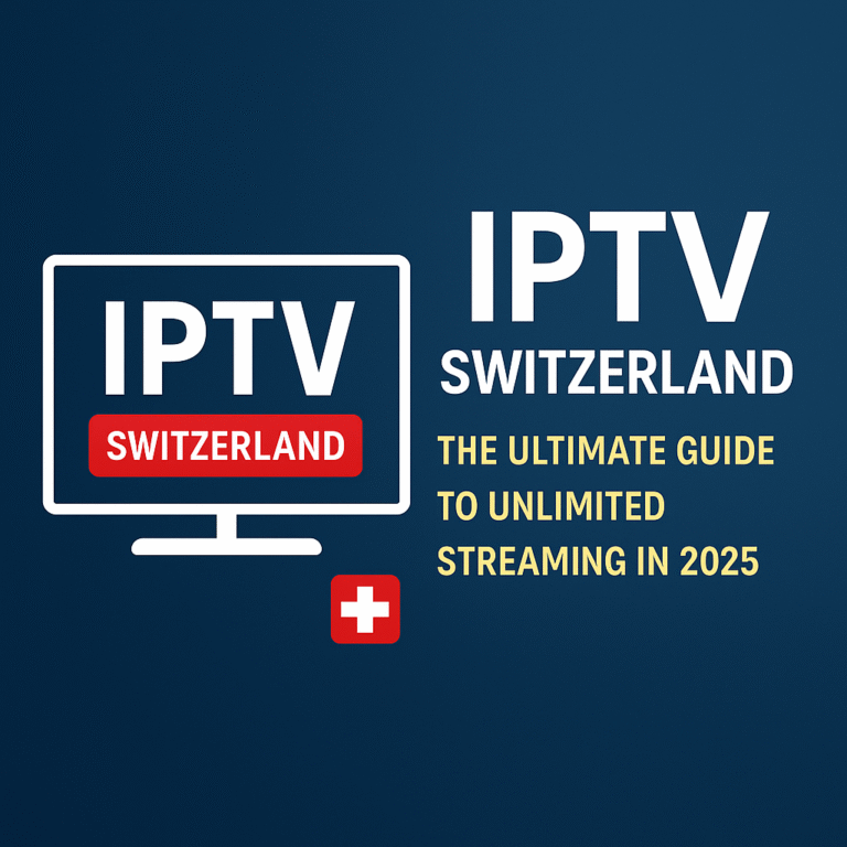 IPTV Switzerland 2025 – The ultimate guide to unlimited streaming with FLIXUS, featuring Swiss flag and TV icon on dark blue background