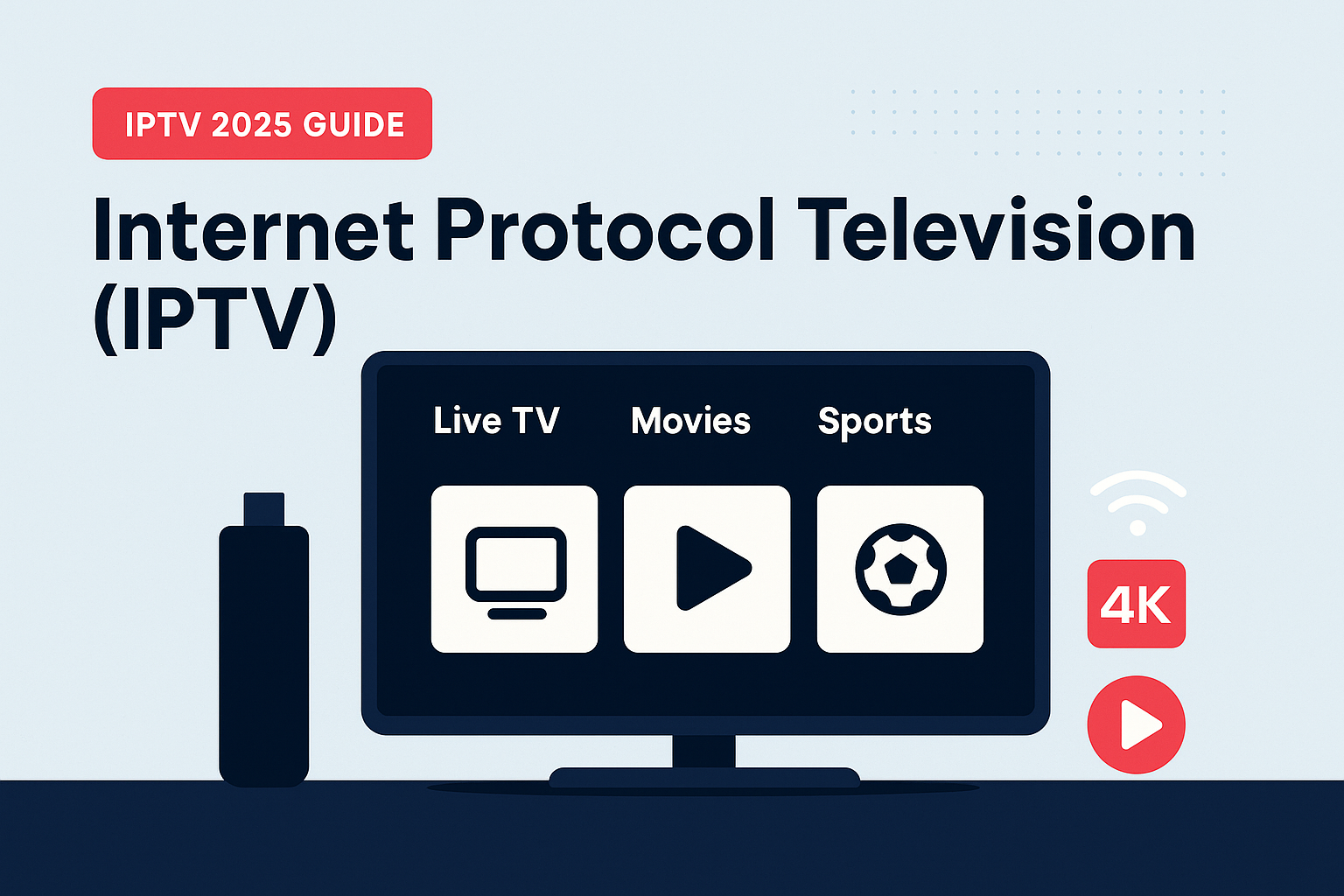 Feature image showing Internet Protocol Television (IPTV) in 2025 on a Smart TV screen with Firestick device, highlighting live TV, movies, and sports in 4K.