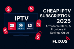Cheap IPTV Subscription 2025 – affordable IPTV plans and provider comparison banner with Smart TV and price tags