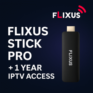 Feature image promoting FLIXUS Stick Pro IPTV Box 2025 with Smart TV interface showing live TV, movies, and sports in 4K streaming, including 1-Year IPTV access.