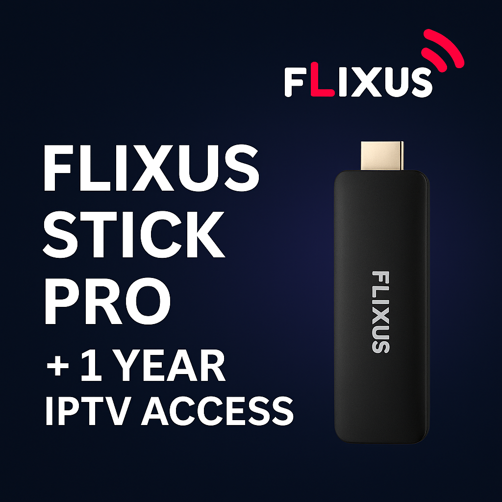 FLIXUS IPTV Feature image promoting FLIXUS Stick Pro IPTV Box 2025 with Smart TV interface showing live TV, movies, and sports in 4K streaming, including 1-Year IPTV access.