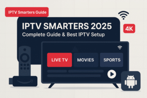 Feature image showing IPTV Smarters app in 2025 on a Smart TV with Firestick and Android devices, highlighting live TV, movies, and sports in 4K.
