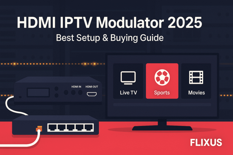 HDMI IPTV Modulator 2025 device setup with Smart TV and IPTV channels