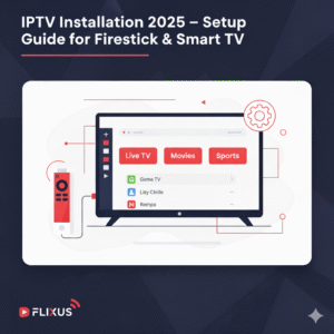 IPTV Installation 2025 – setup guide banner with Firestick and Smart TV using FLIXUS IPTV