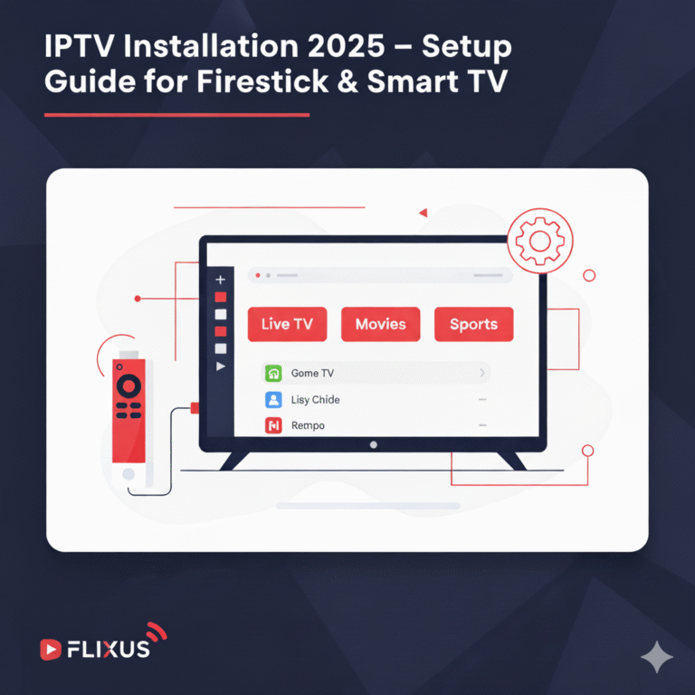 IPTV Installation 2025 – setup guide banner with Firestick and Smart TV using FLIXUS IPTV