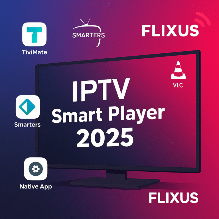 IPTV Smart Player 2025 banner with FLIXUS logo on Smart TV and app icons