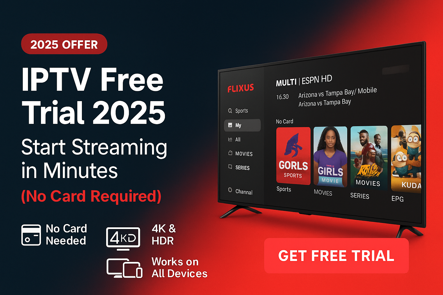 IPTV Free Trial 2025 banner showing Smart TV with FLIXUS interface, 4K icons, and Get Free Trial button in FLIXUS red and navy colors.