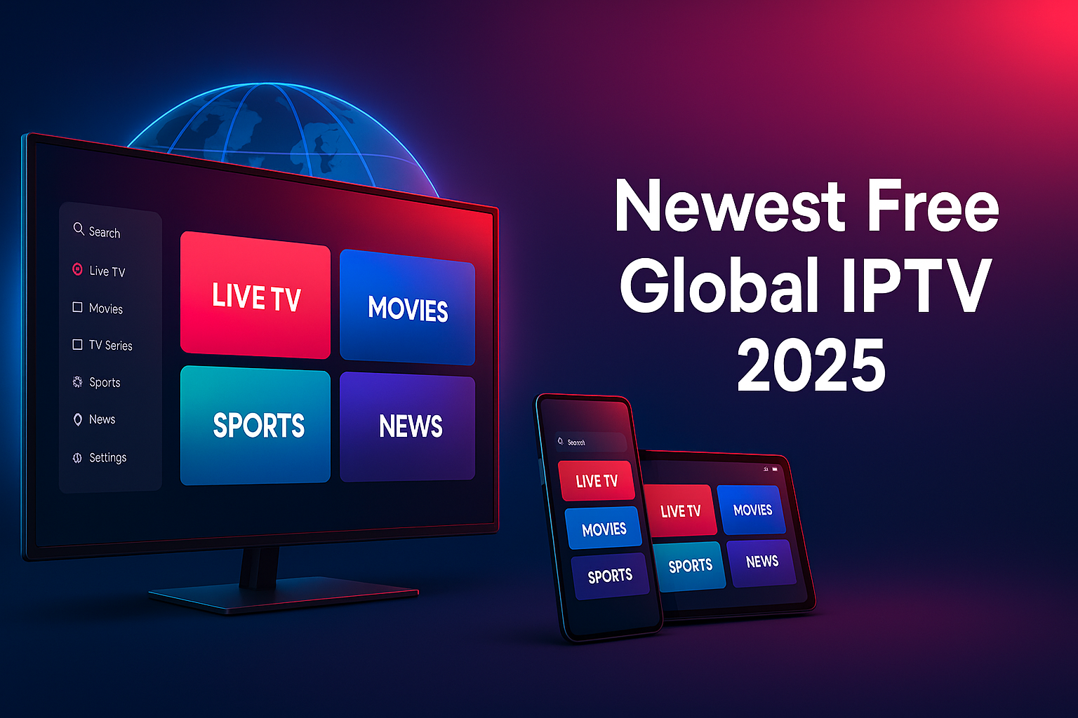 Newest Free Global IPTV 2025 banner showing Smart TV, phone, and tablet streaming Live TV, Movies, Sports, and News with FLIXUS red and navy theme