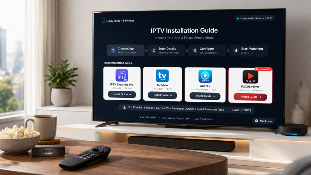 FLIXUS IPTV installation guide USA 2026 Firestick Smarters TiviMate XCIPTV FLIXUS Player setup